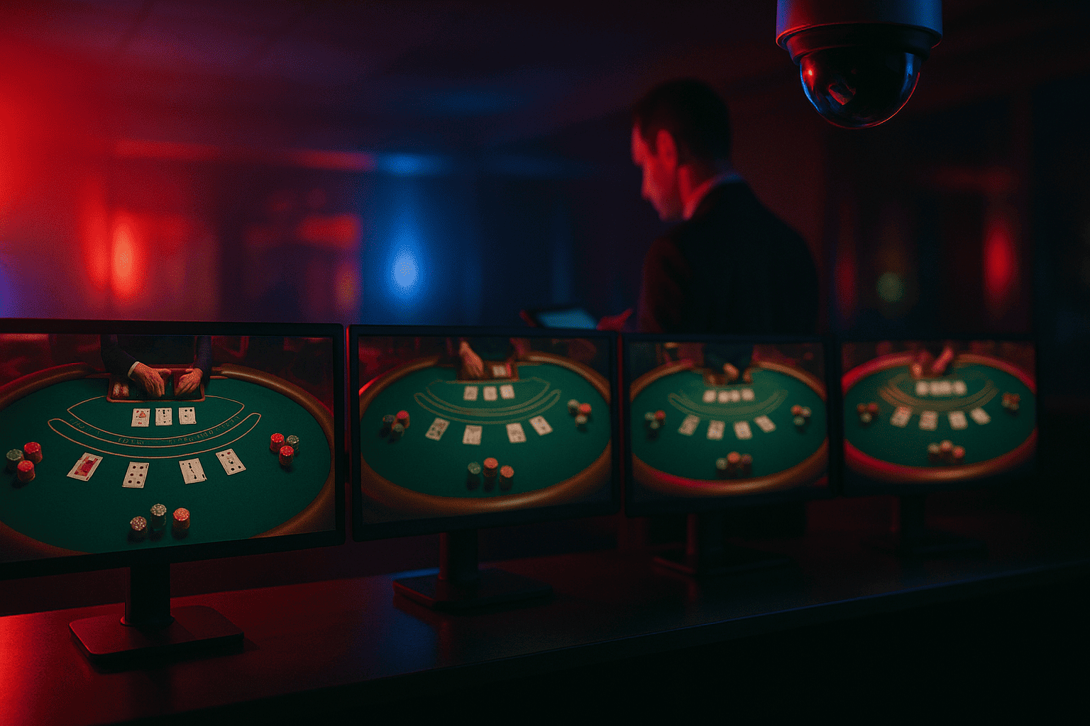 Casino surveillance room monitoring blackjack tables