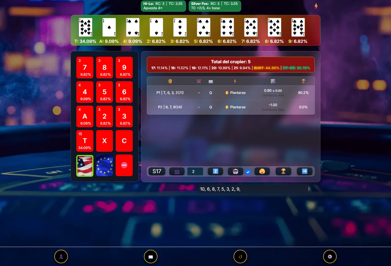 BJCPRO advanced blackjack counter with card entry and analysis metrics